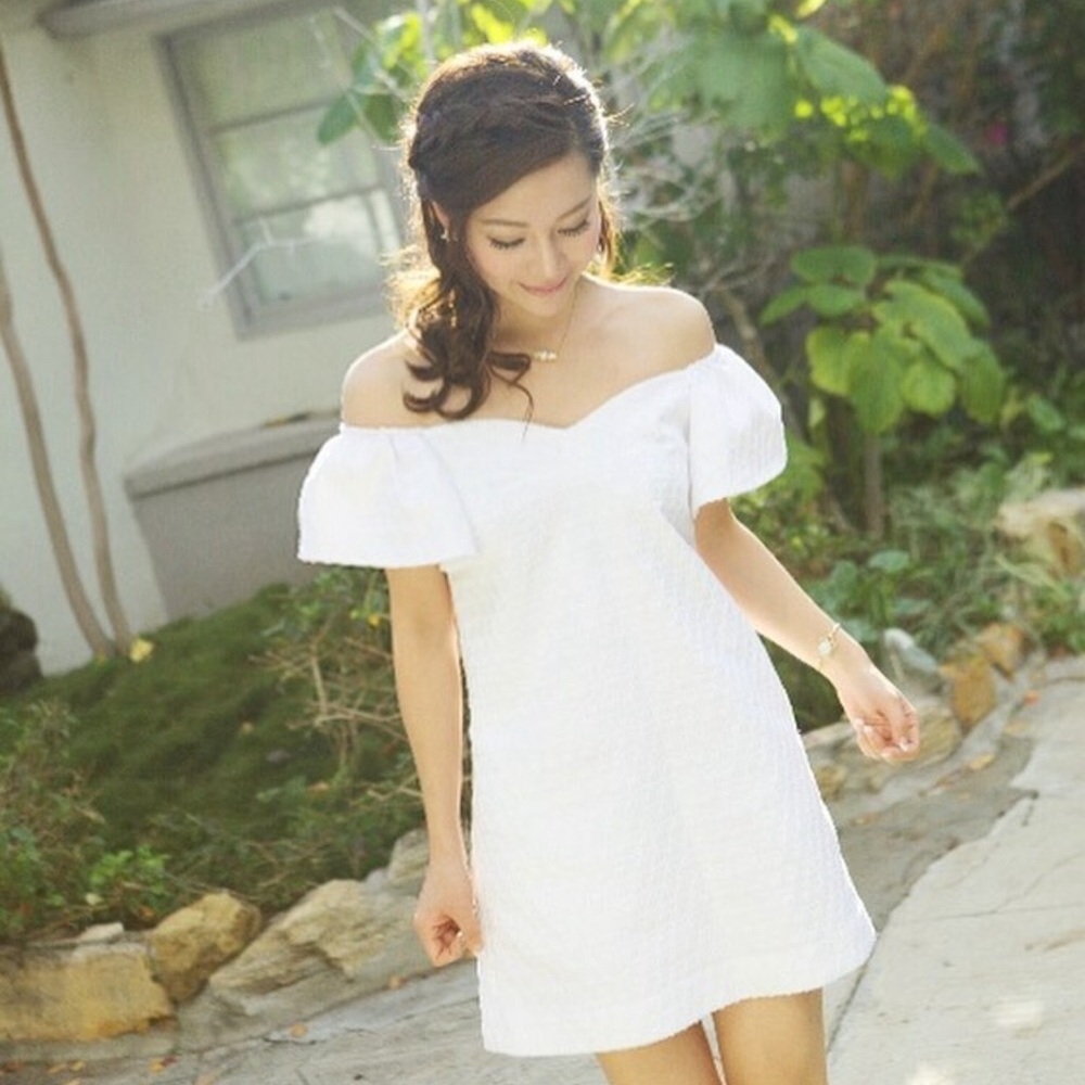 White textured off-shoulder mini dress